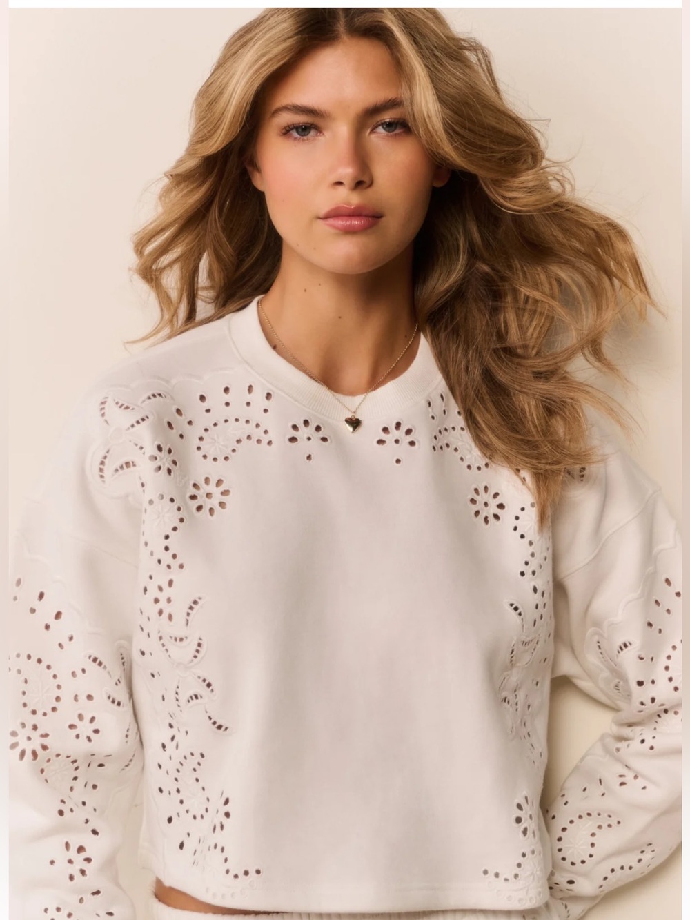 LoveShackFancy Ivory Eyelet Cutout Sweatshirt